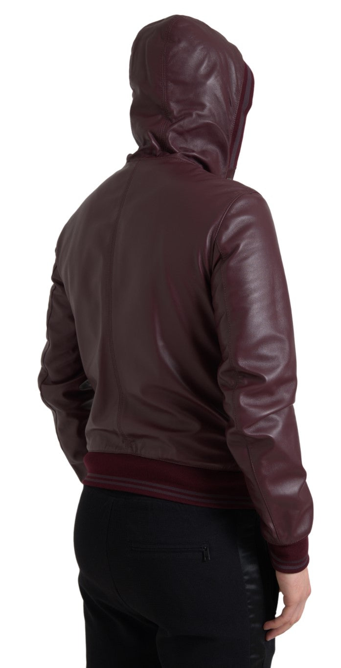 Elegant Bordeaux Leather Hooded Jacket