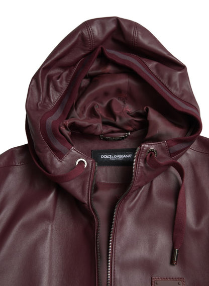 Elegant Bordeaux Leather Hooded Jacket