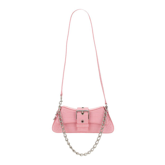 Chic Pink Leather Flap Handbag with Silver Trim