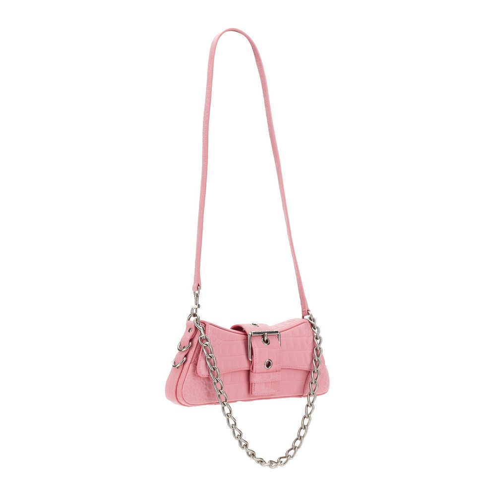 Chic Pink Leather Flap Handbag with Silver Trim