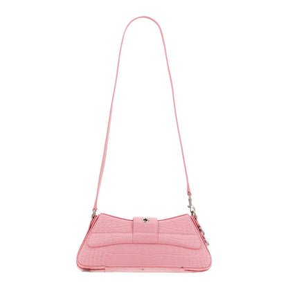 Chic Pink Leather Flap Handbag with Silver Trim