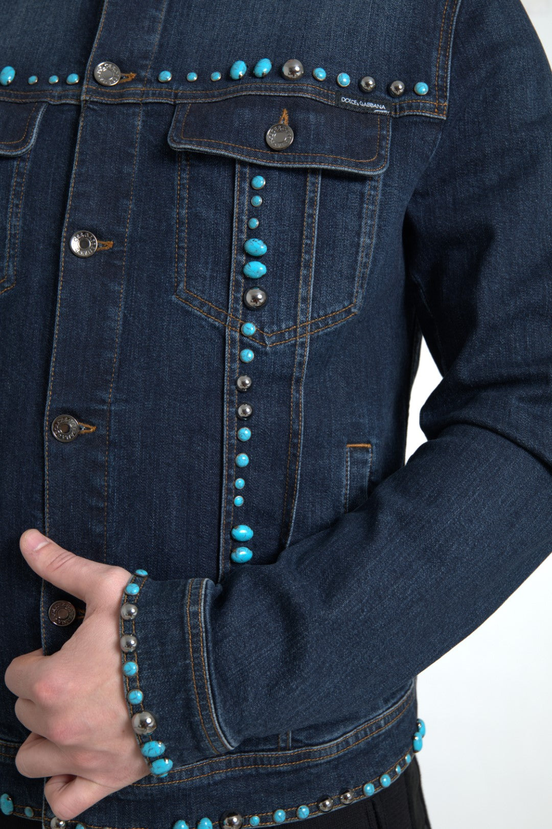 Chaqueta Azul Denim Piedras Turquesa Tachuelas