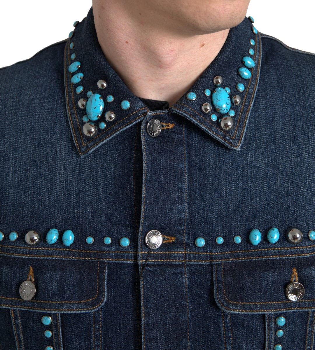 Chaqueta Azul Denim Piedras Turquesa Tachuelas