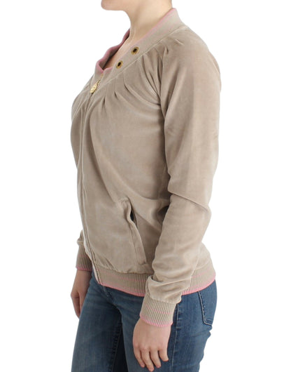 Beige Zip Cardigan with Gold Tone Accents