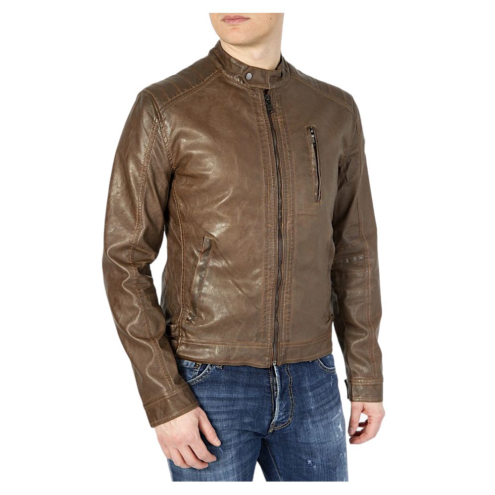 Eco-Leather Zip Jacket with Button Details