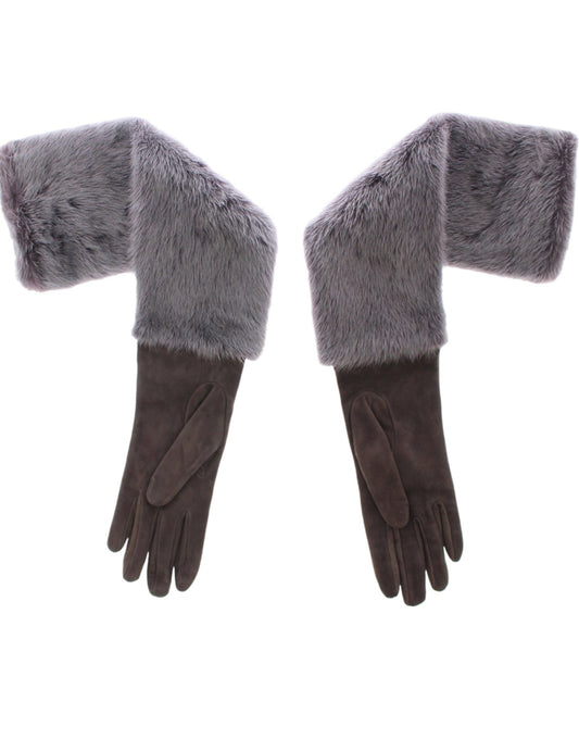 Elegant Gray Mink Fur Leather Elbow Gloves