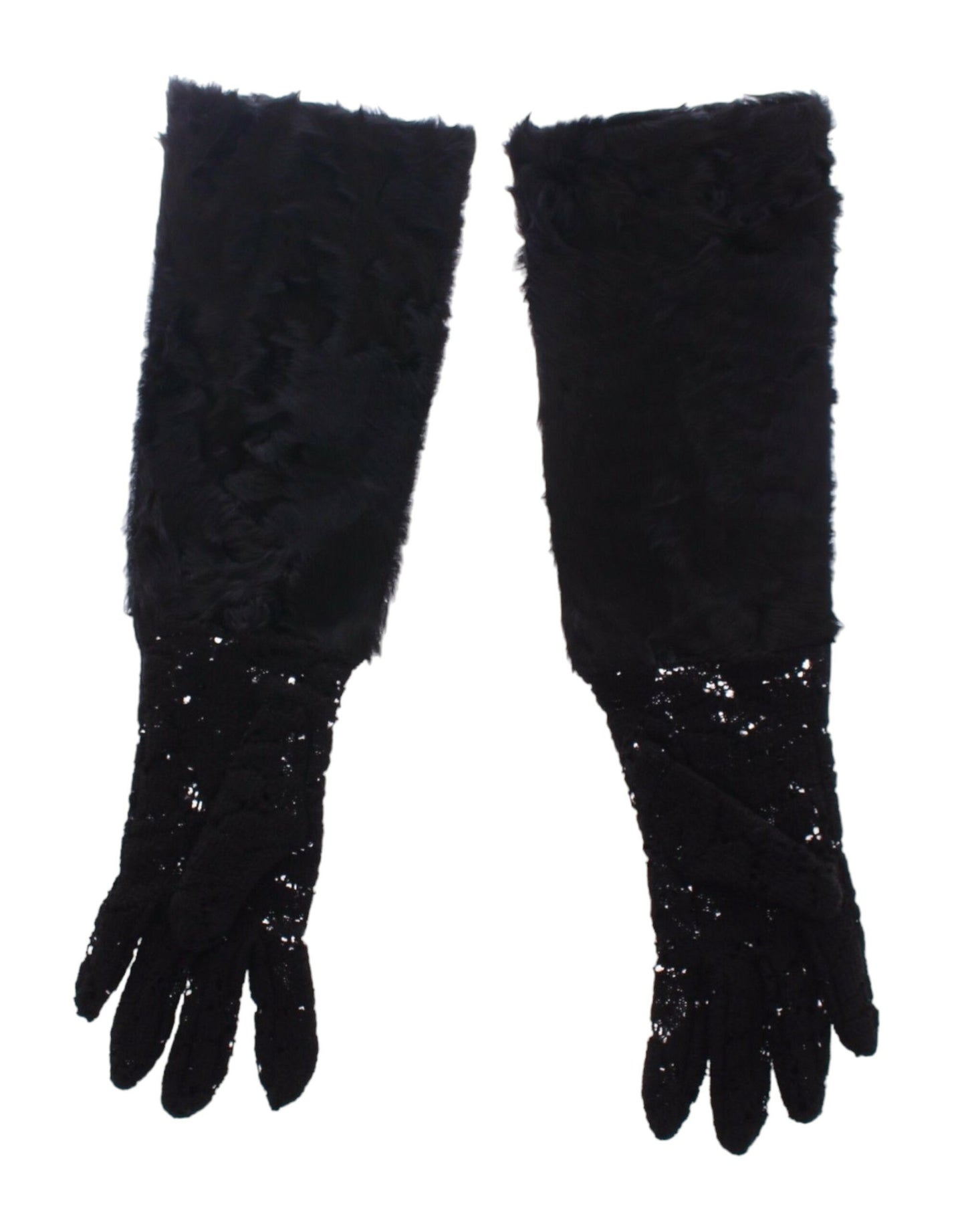 Guantes de codo de piel de cordero de lana de encaje negro