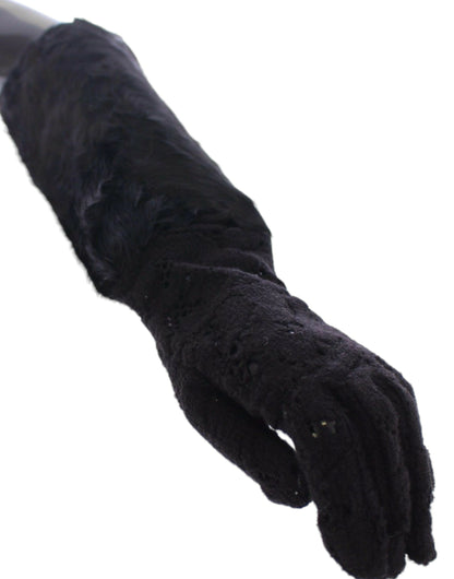 Guantes de codo de piel de cordero de lana de encaje negro