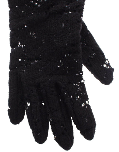 Guantes de codo de piel de cordero de lana de encaje negro