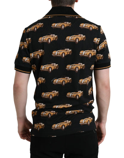 Black Car Print Short Sleeve Polo T-shirt