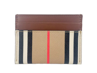 Sandon Tan Canvas Check Printed Leather Slim Card Case Wallet