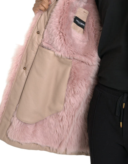 Beige Pink Lamb Leather Shearling Coat Jacket