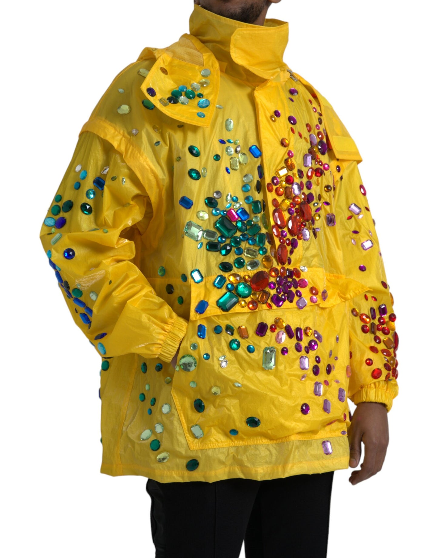 Yellow Crystal Embellished Hooded Jacket