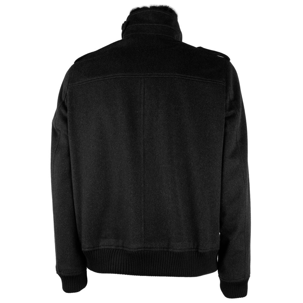 Elegant Virgin Wool Men's Bomber with Fur Collar