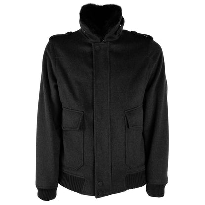 Elegant Virgin Wool Men's Bomber with Fur Collar