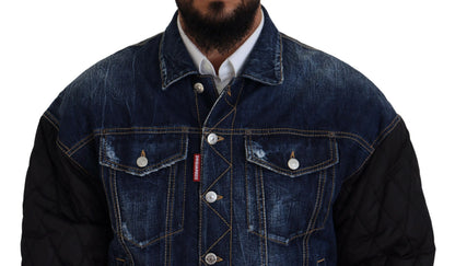 Blue Denim Black Sleeves Men Jacket Cotton Bomber