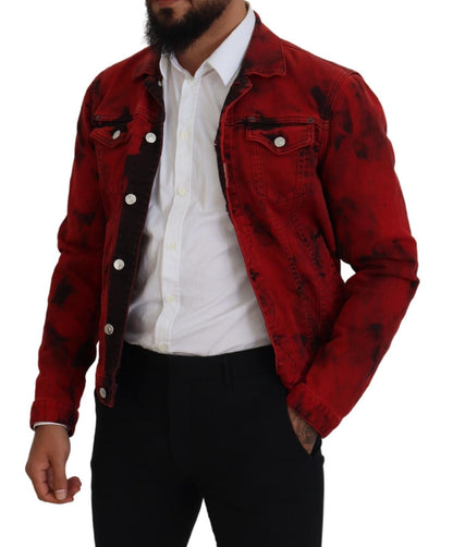 Red Black Tie Dye Collared Men Denim Jacket