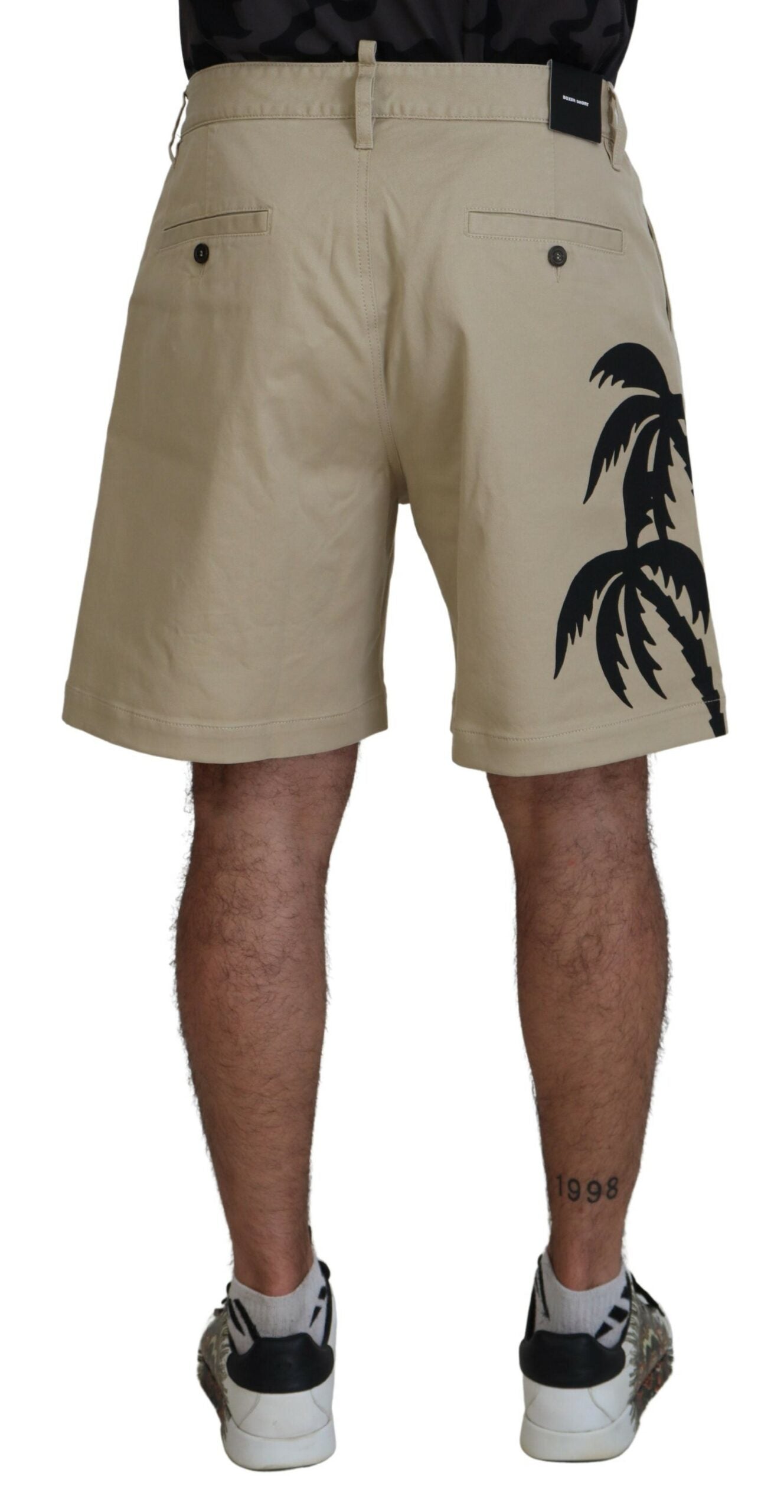 Beige Cotton Logo Printed Above Knee Shorts