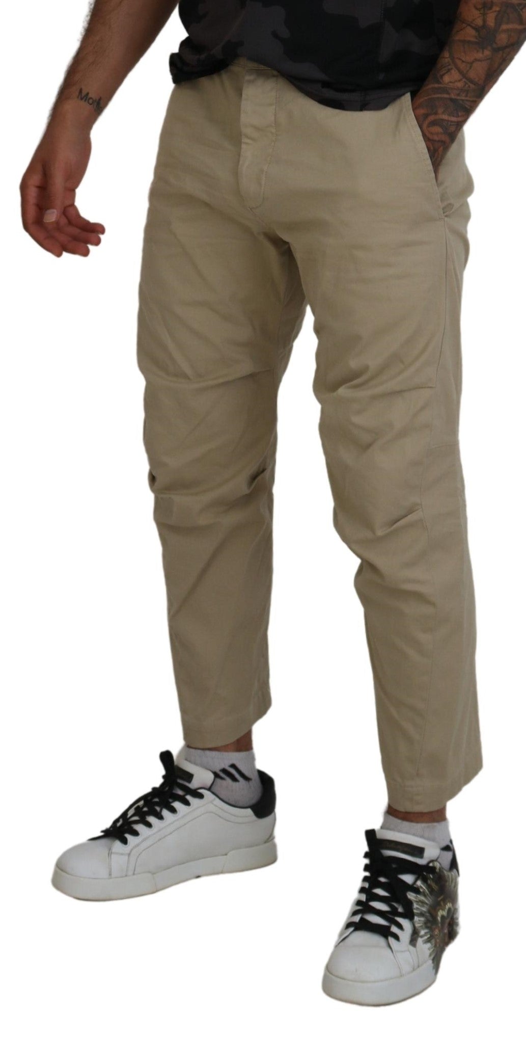 Beige Cotton Printed Leg Men Casual Pants