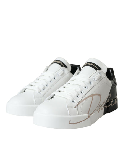 White Black Portofino Low Top Leather Sneakers Shoes