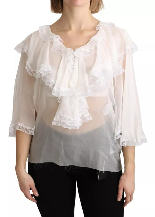 White Lace Vneck 3/4 Sleeve Blouse Silk Top