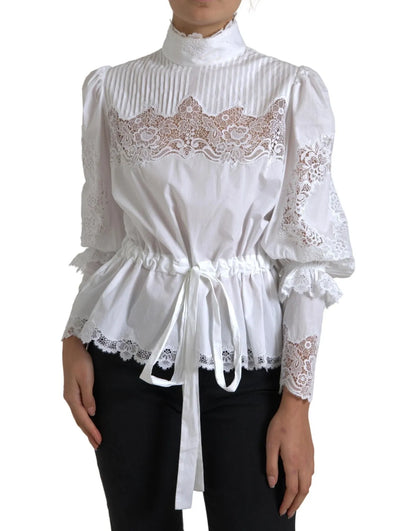 White Cotton Lace Trim Turtle Neck Blouse