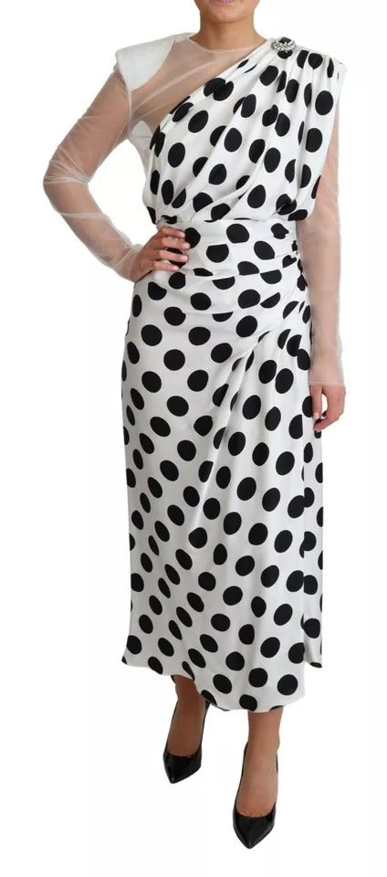 White Polka Dots Crystal One Shoulder Dress