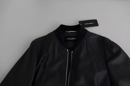 Black Leather Full Zip Men Bomber Jacket