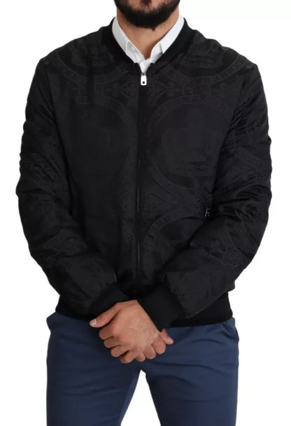 Black Nylon Crown Print Bomber Full Zip Jacket