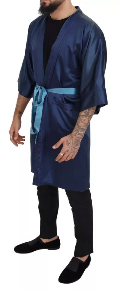 Blue Satin Silk Waist Belt Robe Jacket