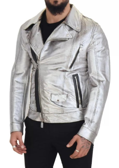 Silver Leather Biker Coat Lambskin Jacket