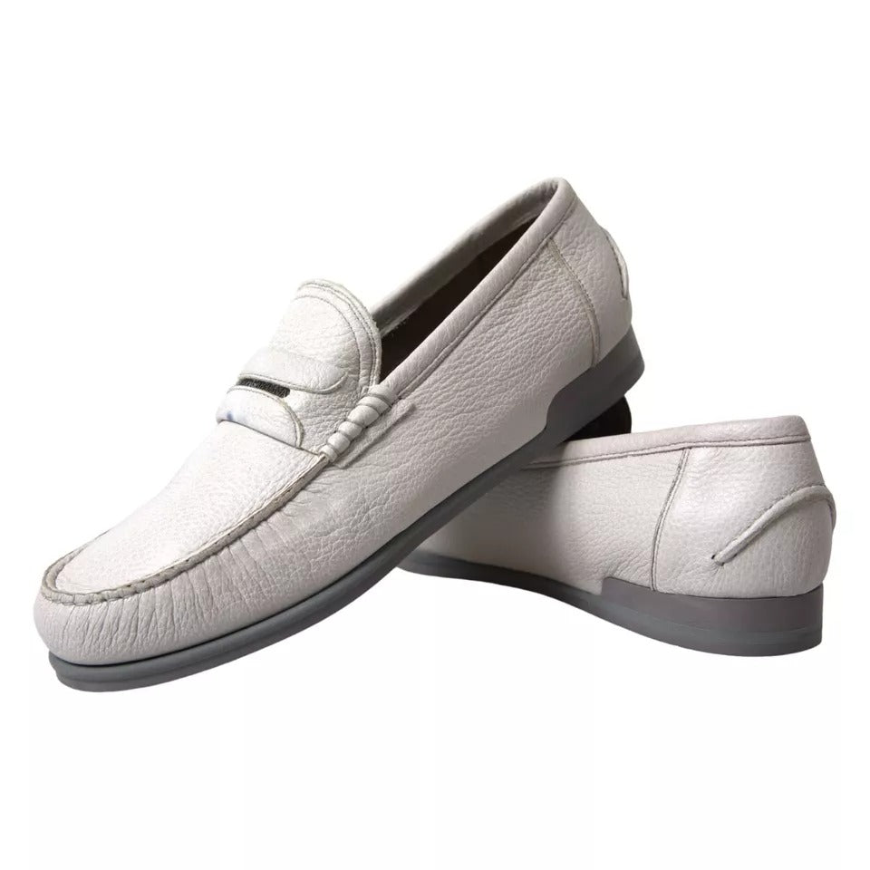 White Gray Leather Slip On Mocassin Loafer Shoes