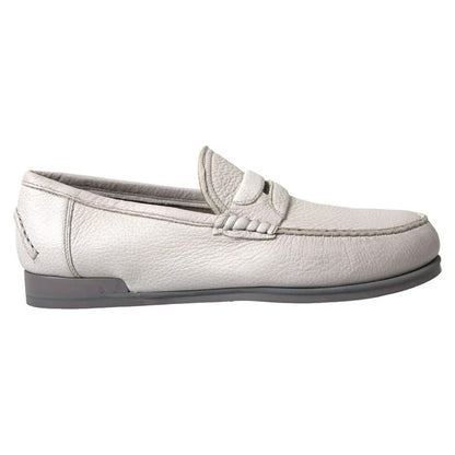 White Gray Leather Slip On Mocassin Loafer Shoes