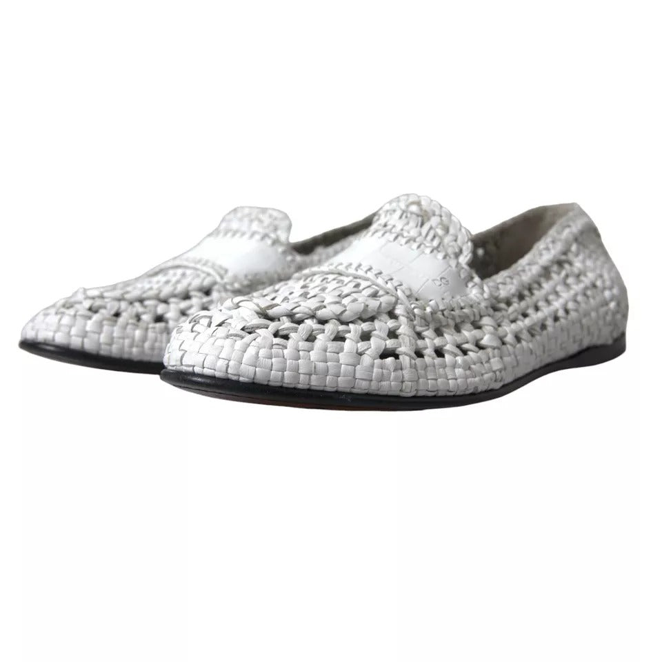 White Woven Leather Men Slip On Loafers Shoes