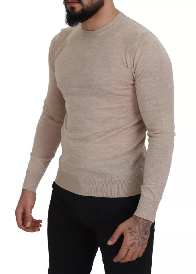 Beige Virgin Wool Crew Neck Pullover Sweater