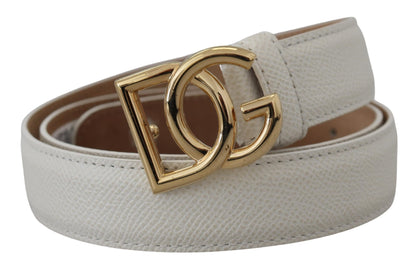 White Leather Gold DG Logo Buckle Belt Women