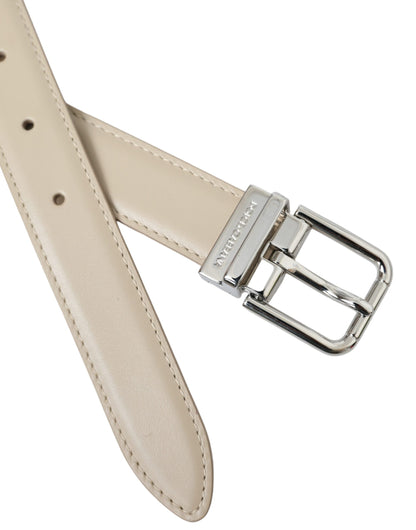 Beige Calfskin Leather Silver Metal Buckle Belt