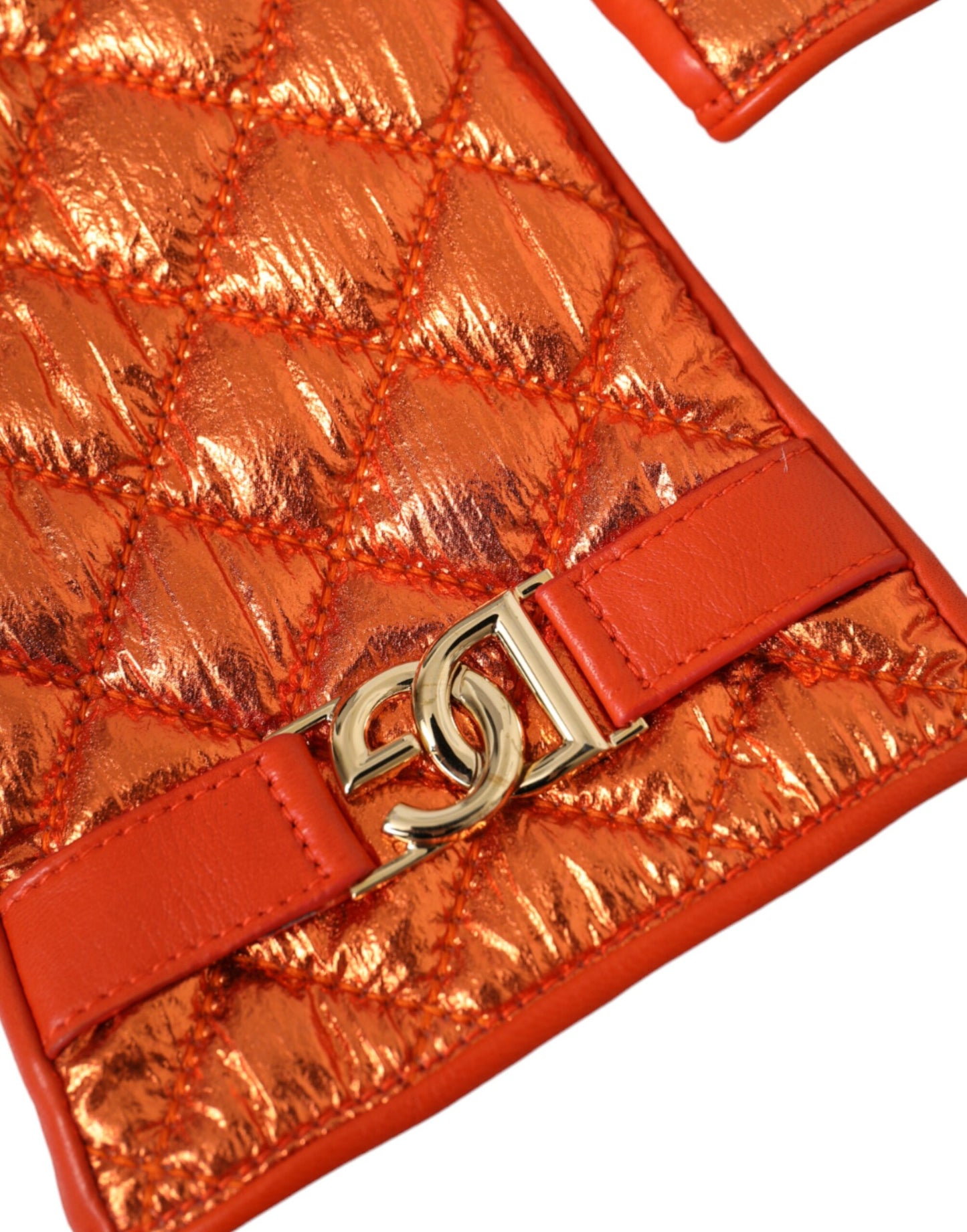 Orange Leather Quilted Wrist Length Gloves