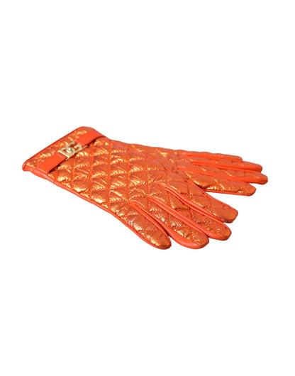 Orange Leather Quilted Wrist Length Gloves