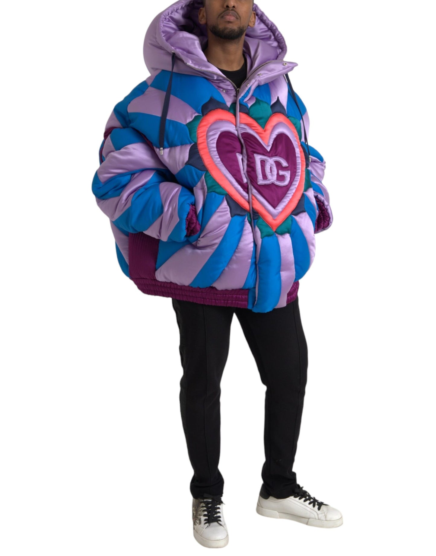 Multicolor Heart Logo Hooded Puffer Jacket