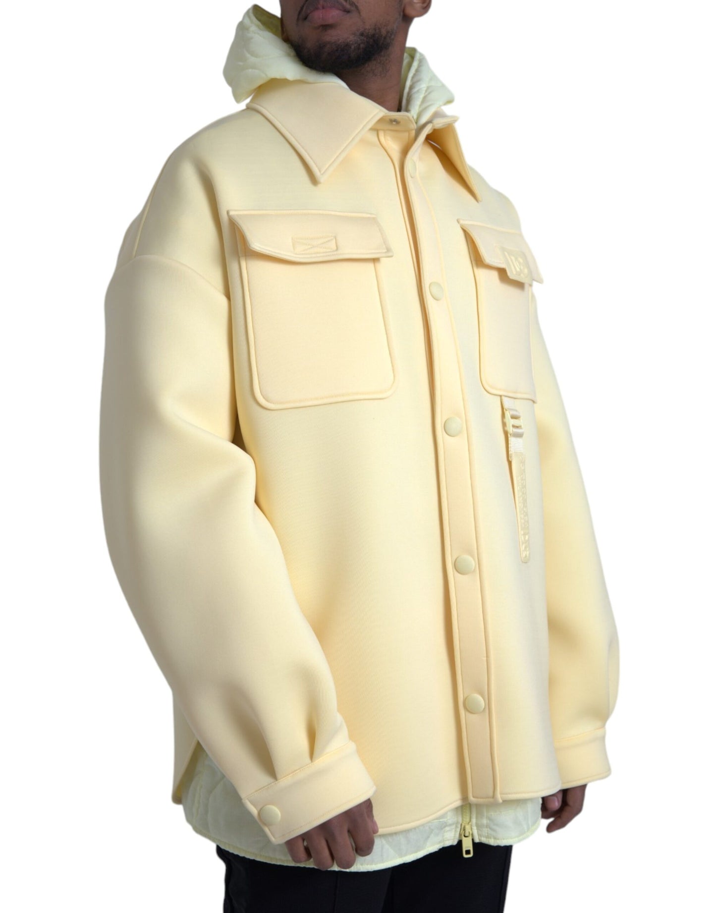 Yellow Hooded Collared Button Zipper Jacket