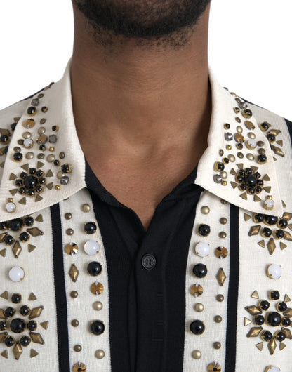 White Black Silk Studded Stone Crystal Shirt