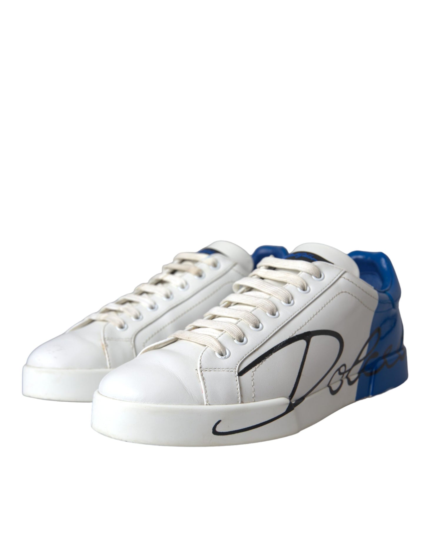 White Blue Leather Logo Low Top Sneakers Shoes