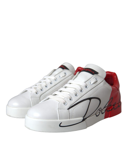 White Red Leather Logo Low Top Sneakers Shoes