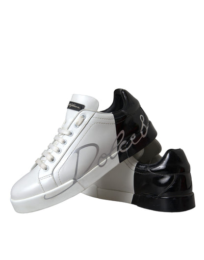 White Black Leather Logo Low Top Sneakers Shoes