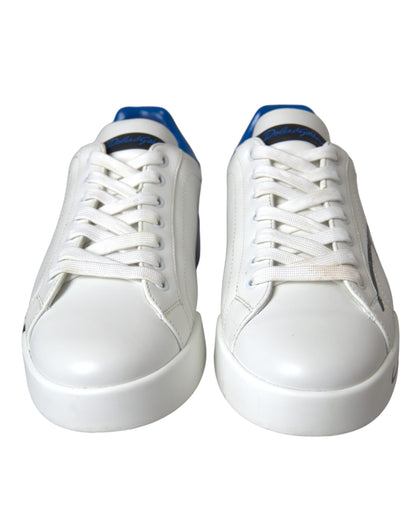 White Blue Leather Logo Low Top Sneakers Men Shoes