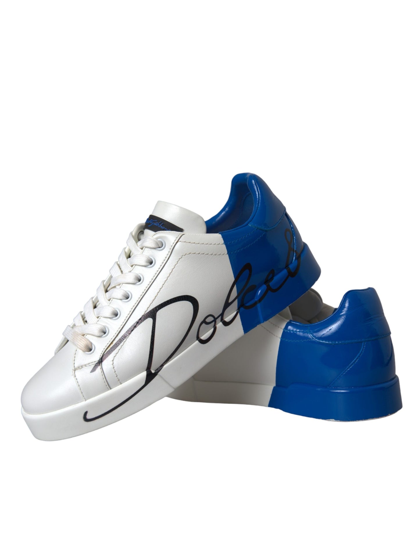 White Blue Leather Logo Low Top Sneakers Men Shoes