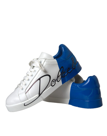 White Blue Leather Logo Low Top Sneakers Men Shoes