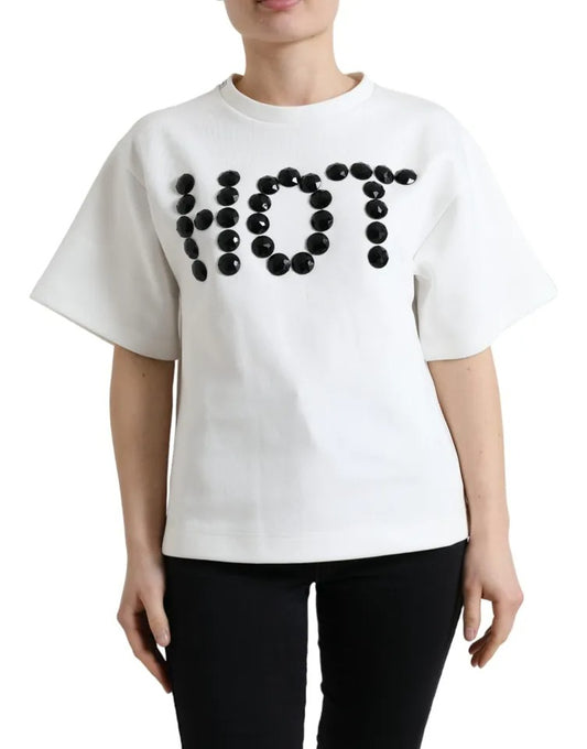 White Cotton Stretch Black HOT Crystal T-shirt