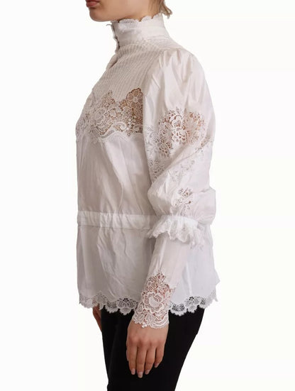 White Cotton Lace Trim Turtle Neck Blouse Top